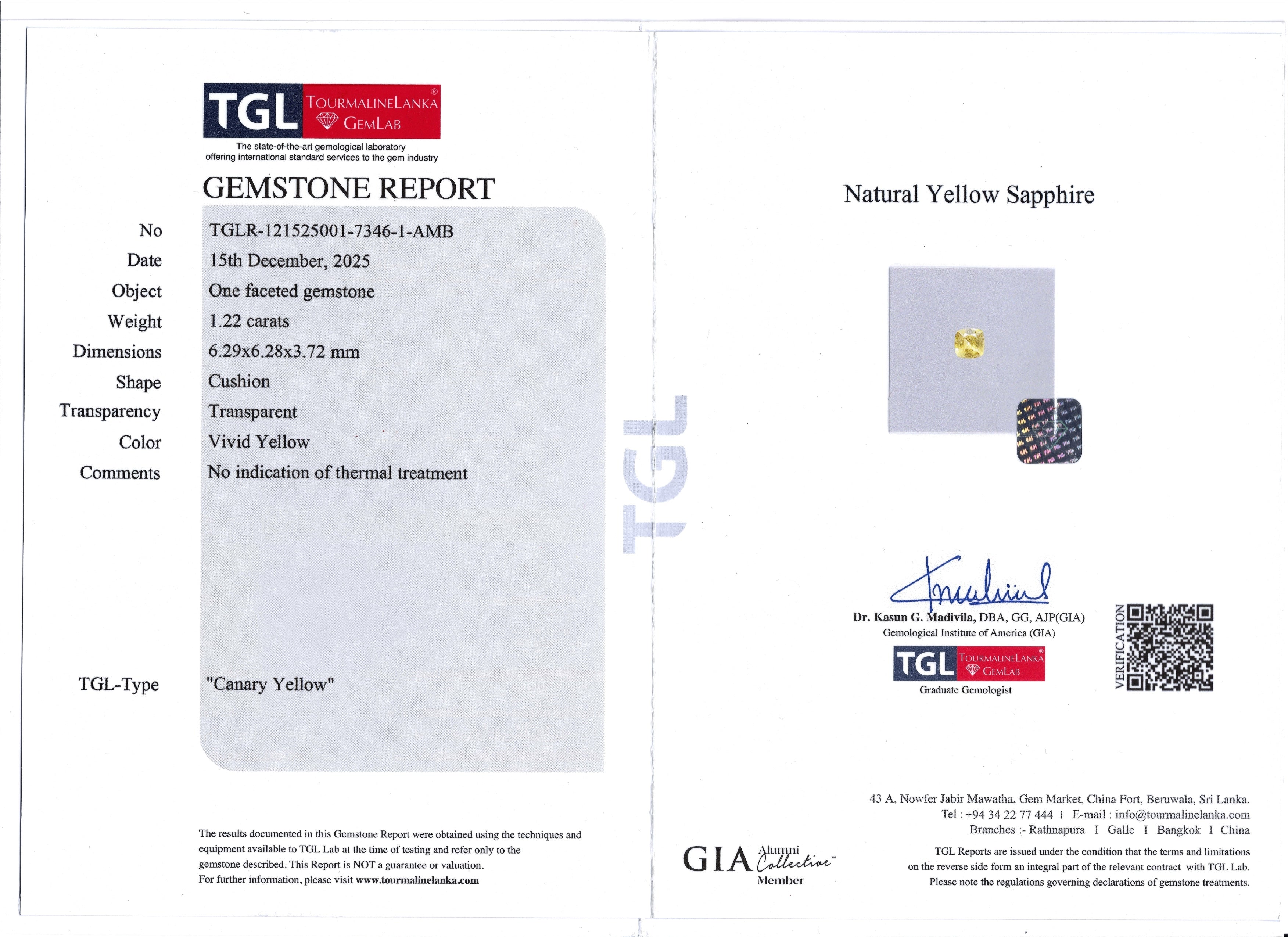 1.22ct Unheated Yellow Sapphire