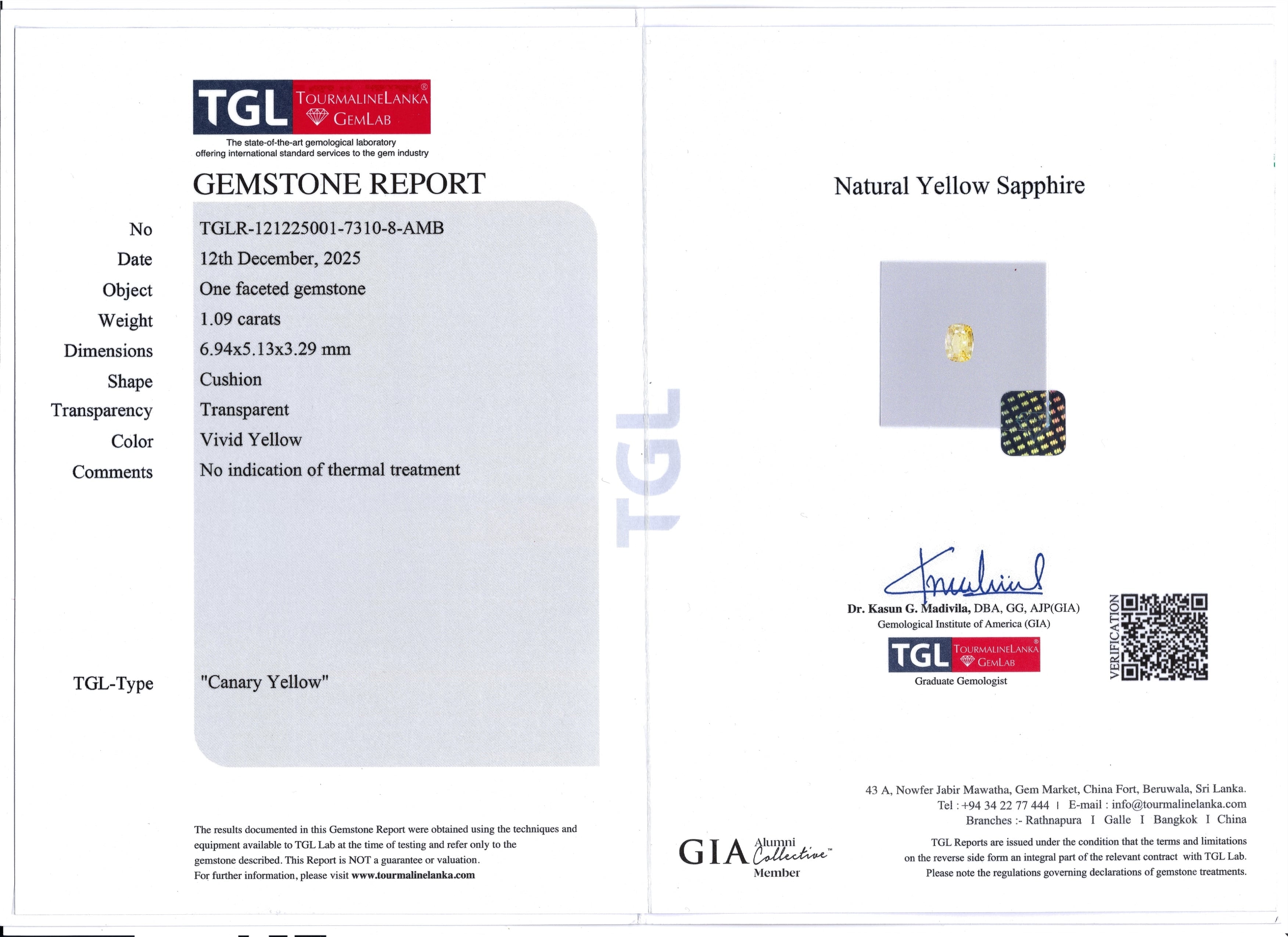 1.09ct Unheated Yellow Sapphire