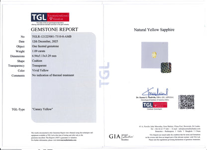 1.09ct Unheated Yellow Sapphire