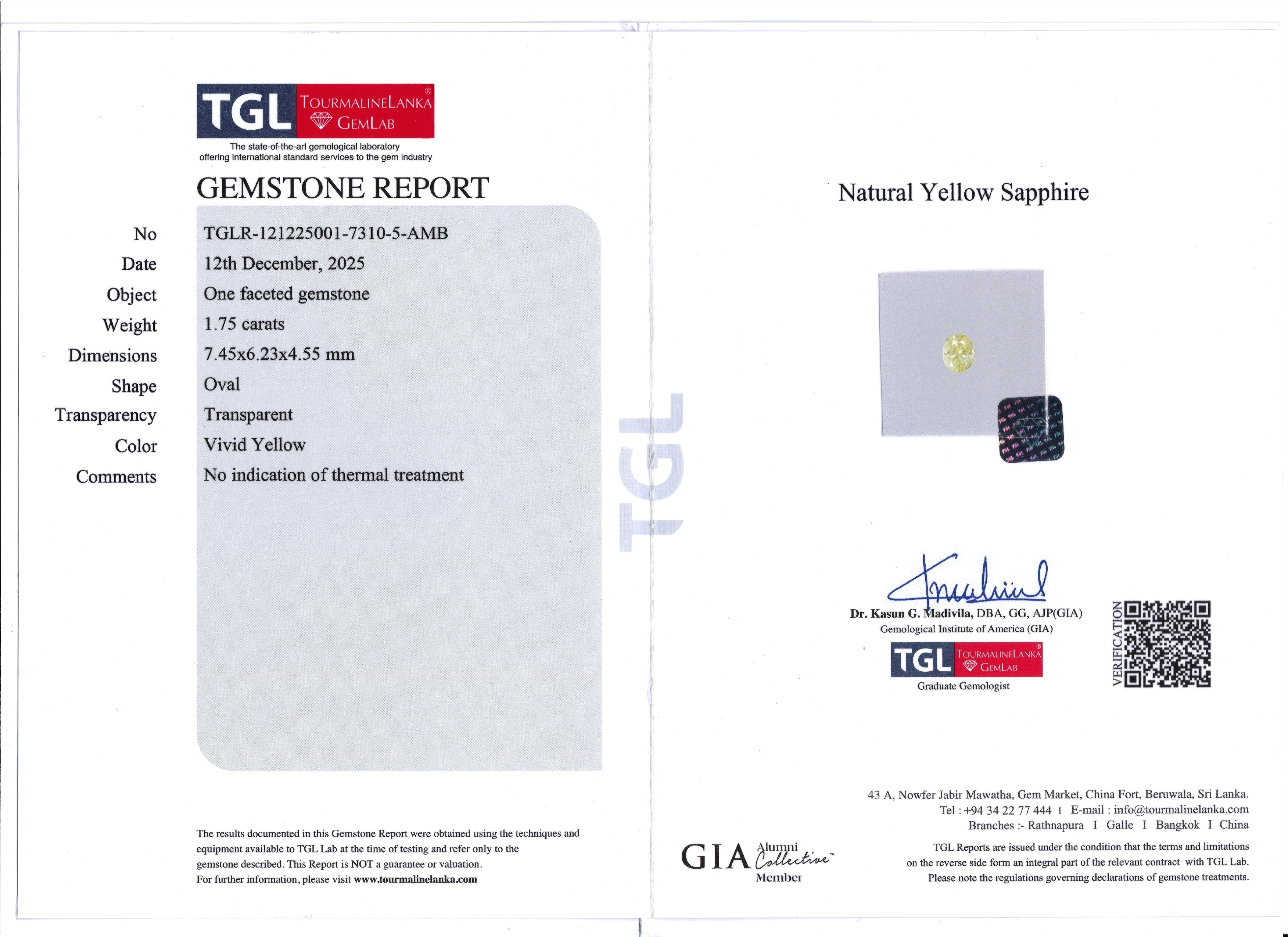 1.75ct Unheated Yellow Sapphire