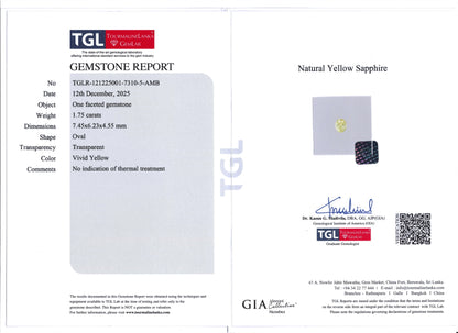 1.75ct Unheated Yellow Sapphire