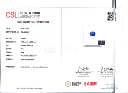 2.56ct Unheated Cornflower Blue Sapphire